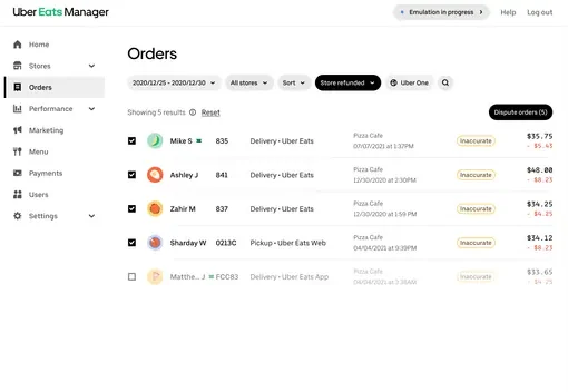 Liste des commandes dans Uber Eats Manager