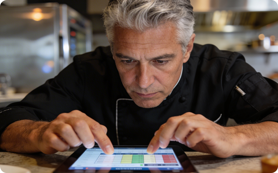 Chef consulting a tablet