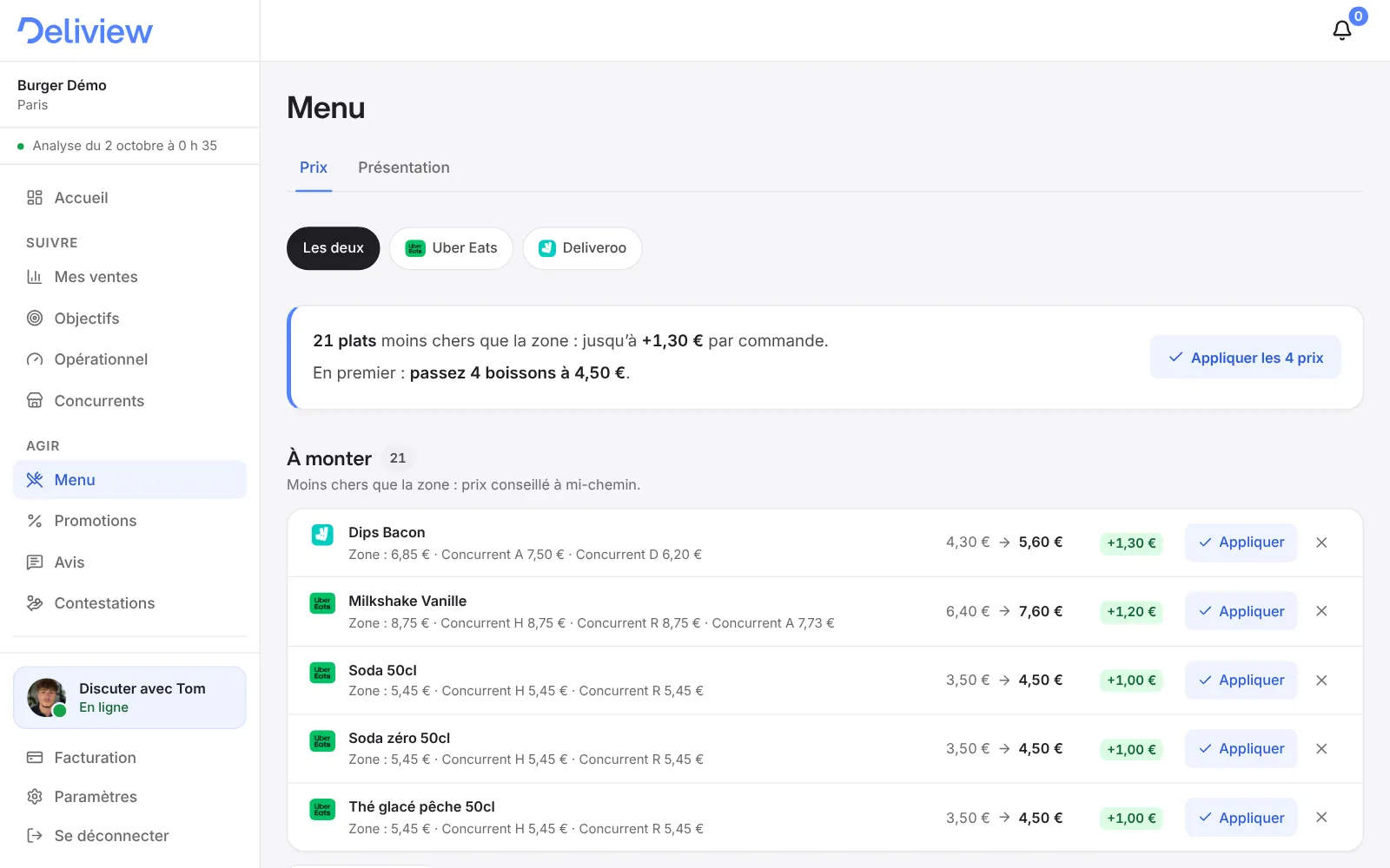 Écran Menu › Prix de Deliview sur ordinateur : 21 plats moins chers que la zone, jusqu’à 1,30 € de plus par commande ; en premier, passez 4 boissons à 4,50 €. Puis chaque plat à monter, avec le prix de la zone, celui des concurrents et le prix conseillé, Uber Eats et Deliveroo dans la même liste. Restaurant anonymisé.