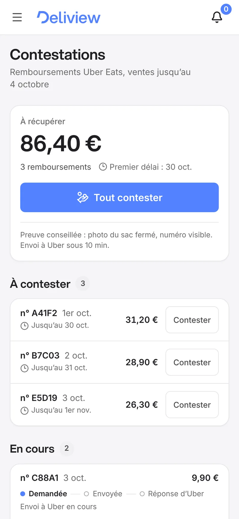 Écran Contestations de Deliview sur téléphone : 86,40 € à récupérer sur 3 remboursements Uber Eats, premier délai le 30 octobre, bouton « Tout contester », puis chaque commande à contester. Compte de démonstration, chiffres fictifs.