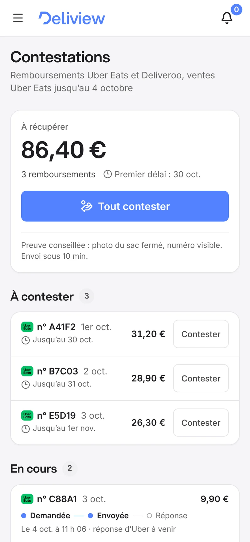 Écran Contestations de Deliview sur téléphone : 86,40 € à récupérer sur 3 remboursements Uber Eats, premier délai le 30 octobre, bouton « Tout contester », envoi sous 10 min, puis chaque commande à contester. Compte de démonstration, chiffres fictifs.