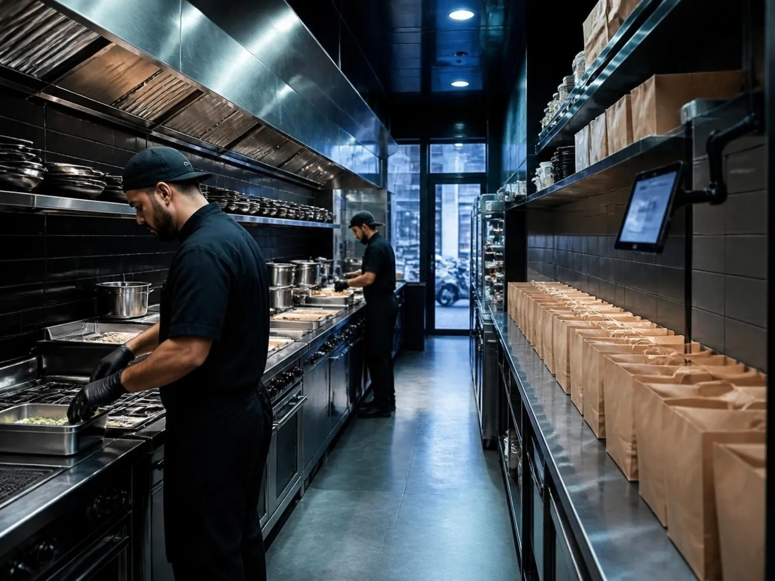 Cuisine dédiée à la livraison : cuisiniers au travail, sacs de livraison alignés et tablette fixée au mur