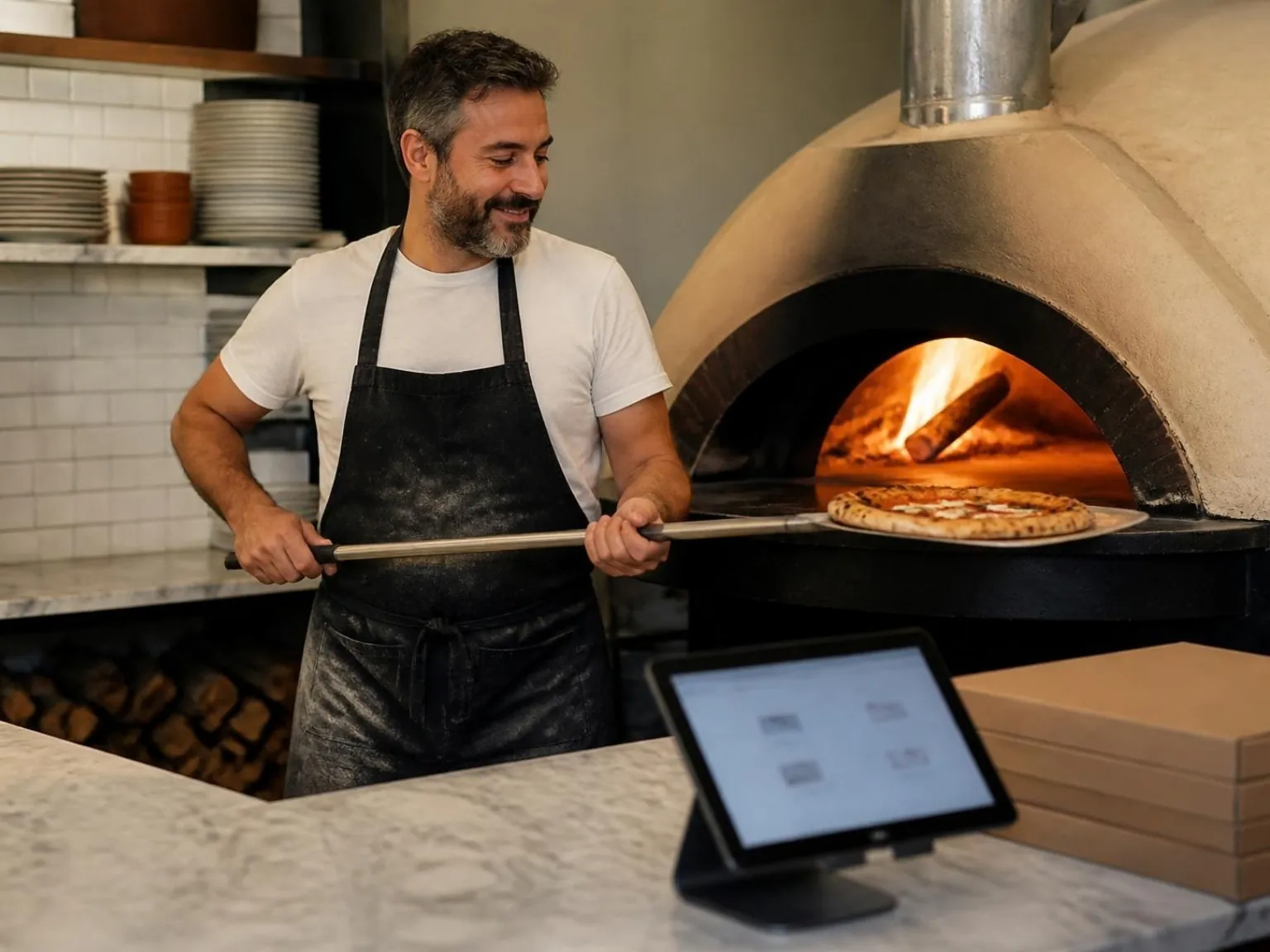 Pizzaiolo qui enfourne une pizza dans un four à bois, une tablette de commande posée sur le comptoir
