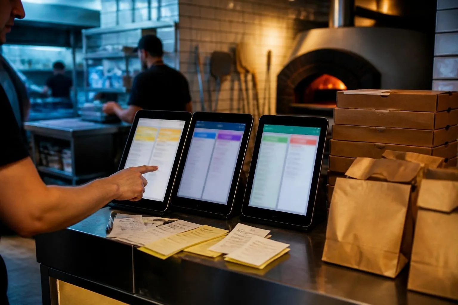 Comptoir de pizzeria en plein service : trois tablettes de commande côte à côte, des tickets et des sacs de livraison