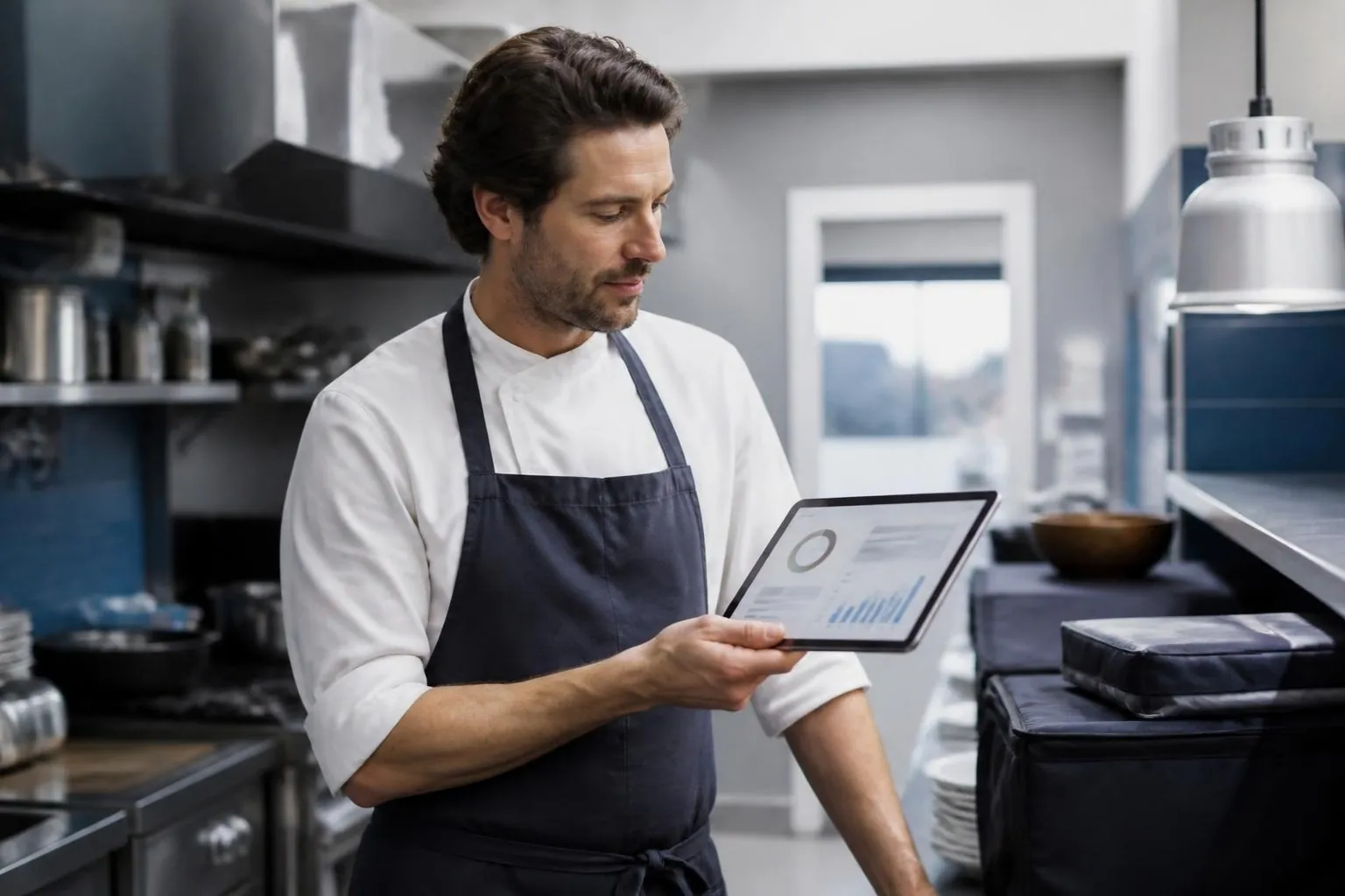 Chef en tablier qui consulte une tablette dans sa cuisine, à côté de sacs de livraison isothermes