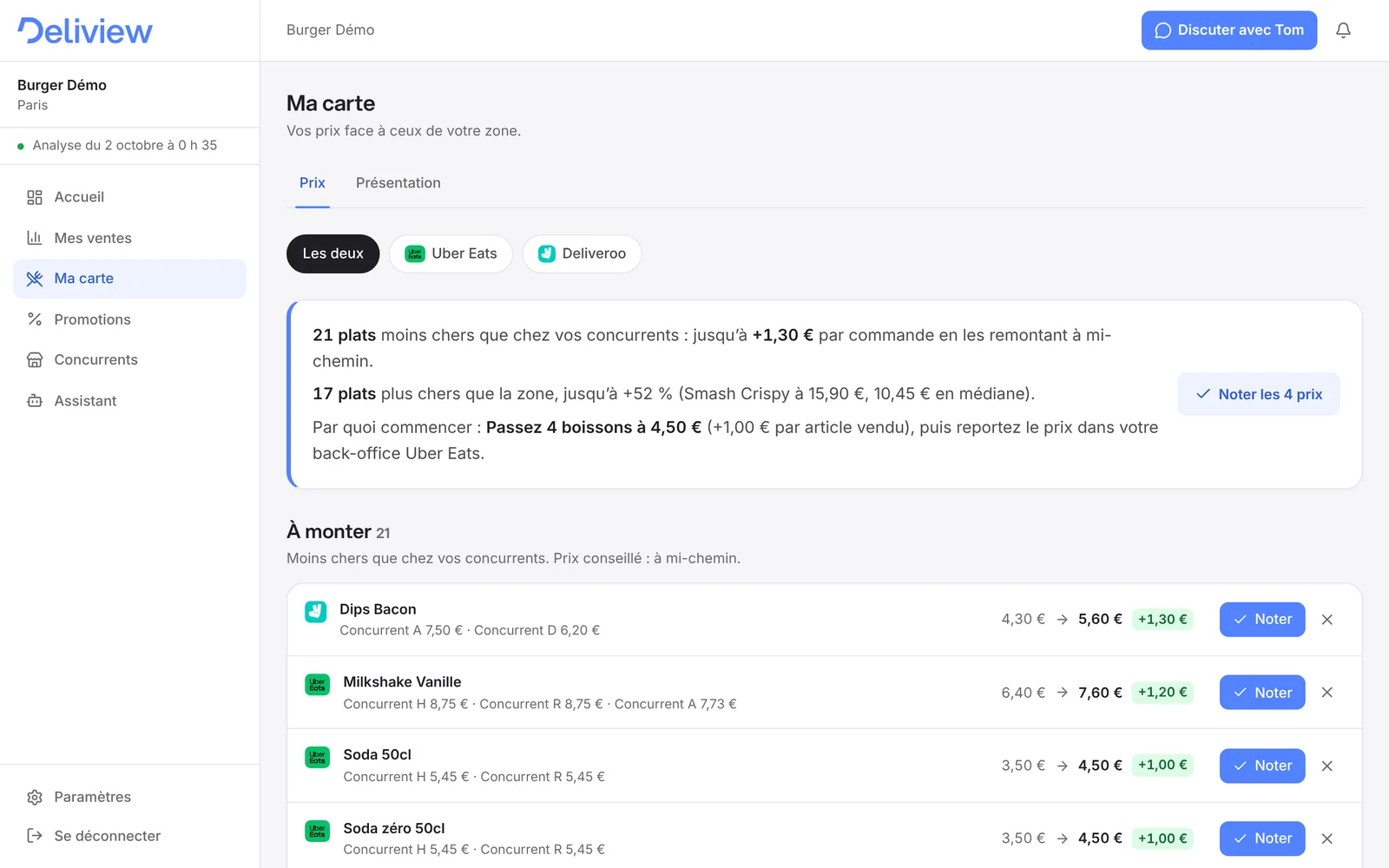 Écran Ma carte de Deliview : 21 plats moins chers que chez les concurrents, 17 plus chers que la zone, puis les plats à monter, Uber Eats et Deliveroo dans la même liste (dips bacon de 4,30 € à 5,60 €, milkshake de 6,40 € à 7,60 €). Restaurant anonymisé.
